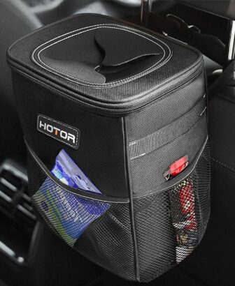 HOTOR Car Trash Can, Compact Waterproof Organizer, Leak-Proof Bin, 2-Gallon | Black, Multifunctional Car Accessory with Adjustable Straps & Magnetic Snaps for Interior Car Storage