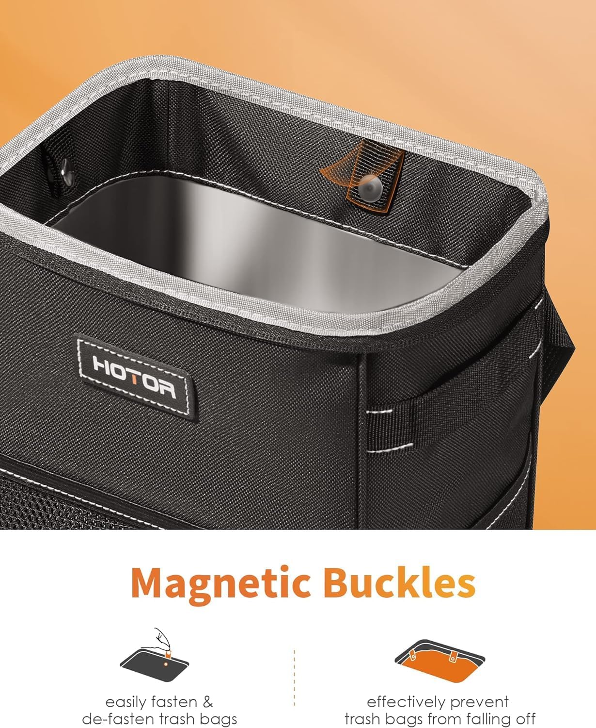 HOTOR Car Trash Can, Compact Waterproof Organizer, Leak-Proof Bin, 2-Gallon | Black, Multifunctional Car Accessory with Adjustable Straps & Magnetic Snaps for Interior Car Storage - Image 2