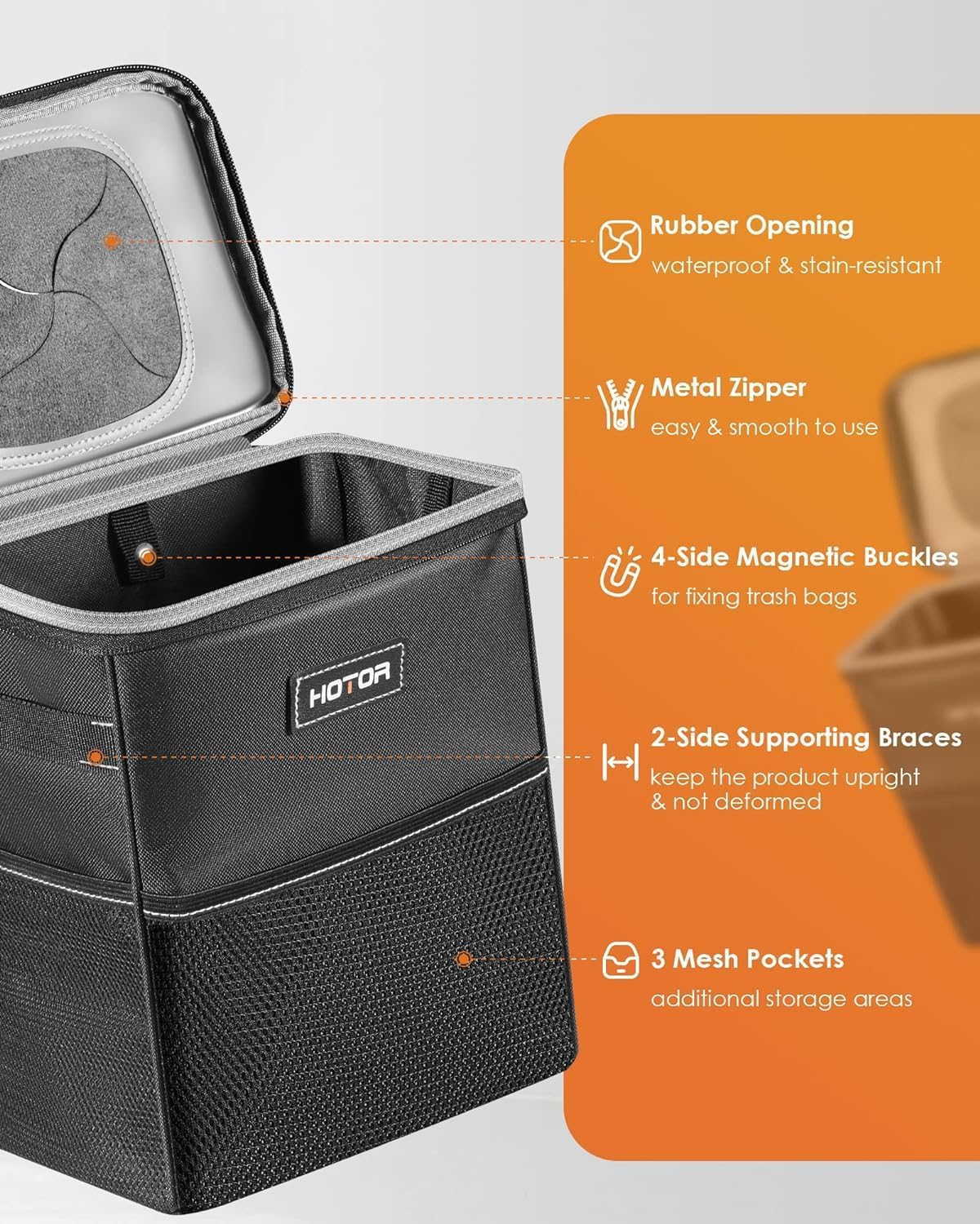 HOTOR Car Trash Can, Compact Waterproof Organizer, Leak-Proof Bin, 2-Gallon | Black, Multifunctional Car Accessory with Adjustable Straps & Magnetic Snaps for Interior Car Storage - Image 3