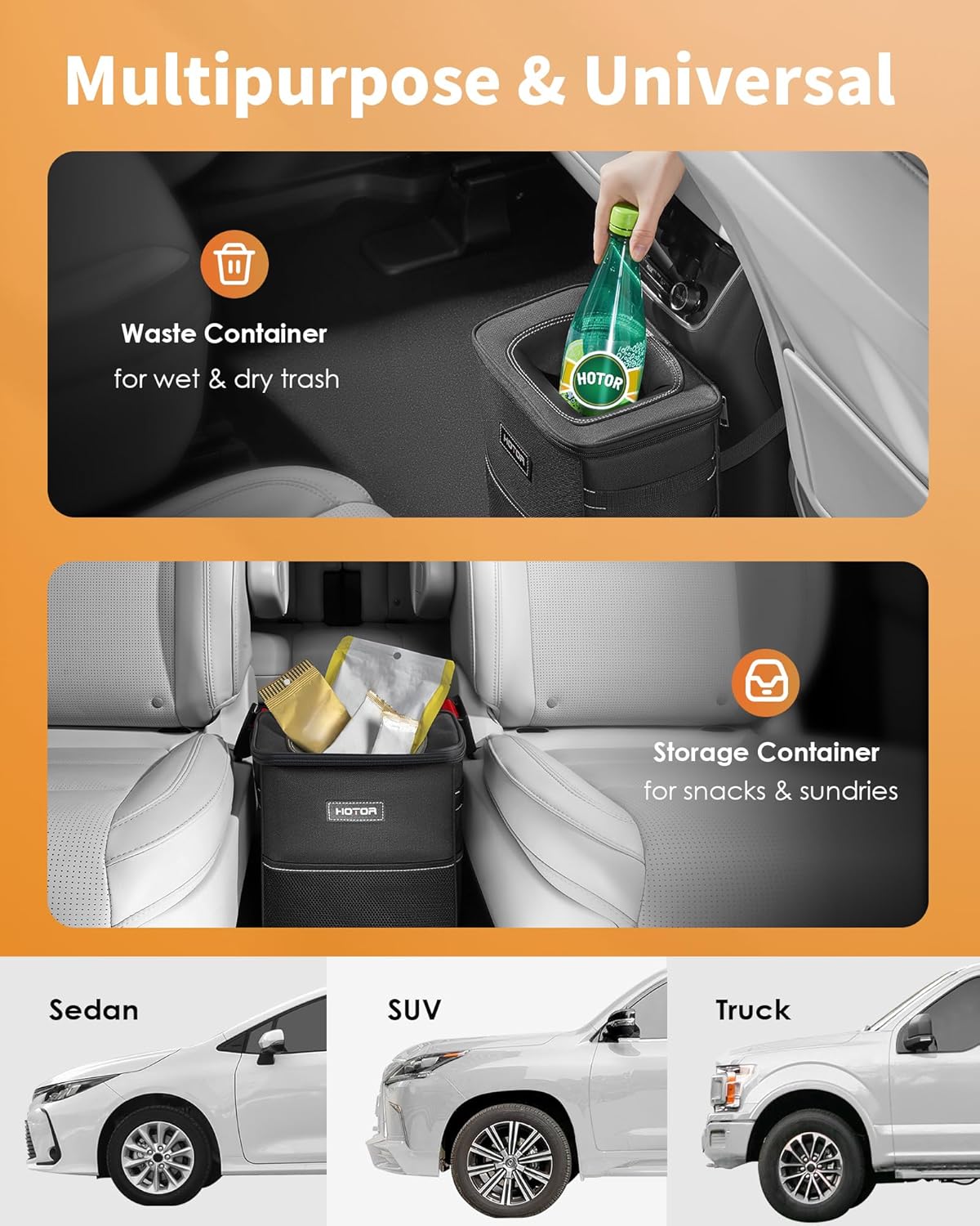 HOTOR Car Trash Can, Compact Waterproof Organizer, Leak-Proof Bin, 2-Gallon | Black, Multifunctional Car Accessory with Adjustable Straps & Magnetic Snaps for Interior Car Storage - Image 6