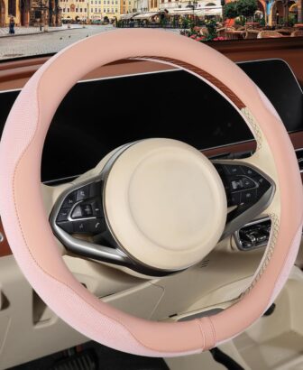 Nappa Leather Ice Silk Fabric Pink Steering Wheel Cover Women | Non-Slip Breathable Soft Car Accessories, Warm in Winter and Cool in Summer Universal 14.5 inch to 15 inch